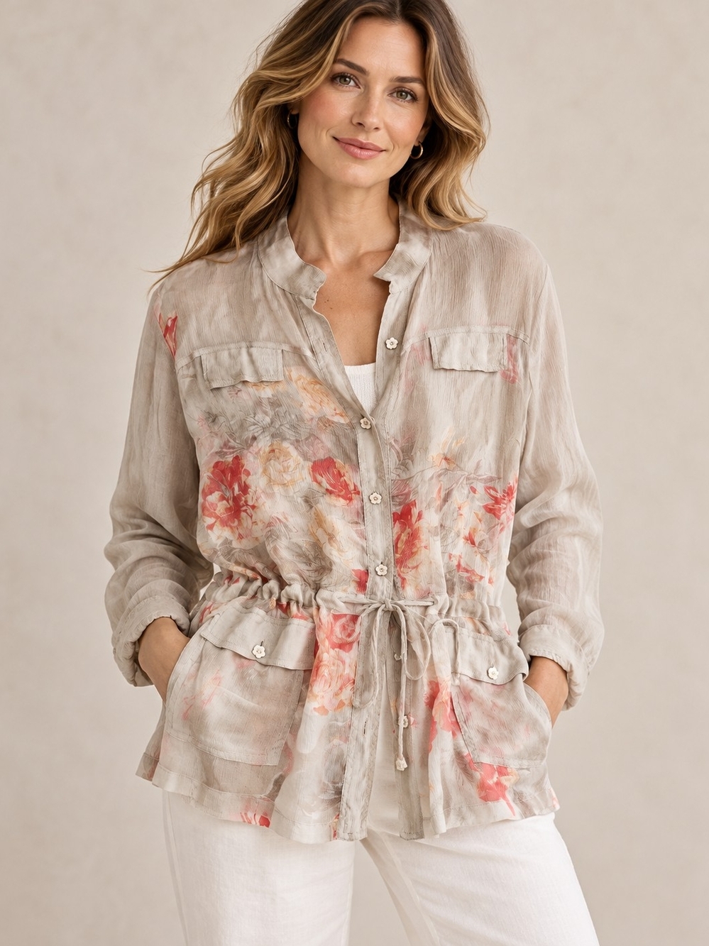 Light Taupe Floral Drawstring Jacket